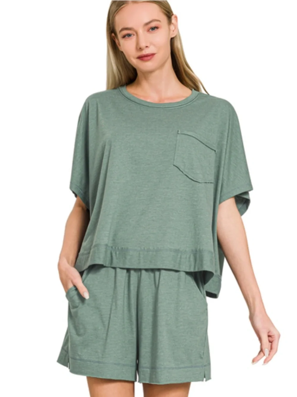 NEW Zenana Ash Jade Exposed Seam Boxy Top & Shorts Set – Small